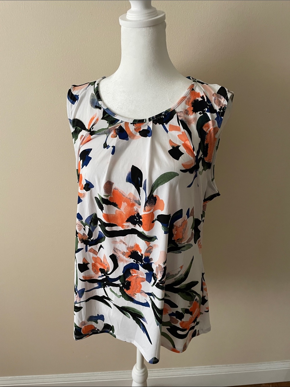 DKNY White Floral Sleeveless Tank with Orange & Blue Accents 26” long